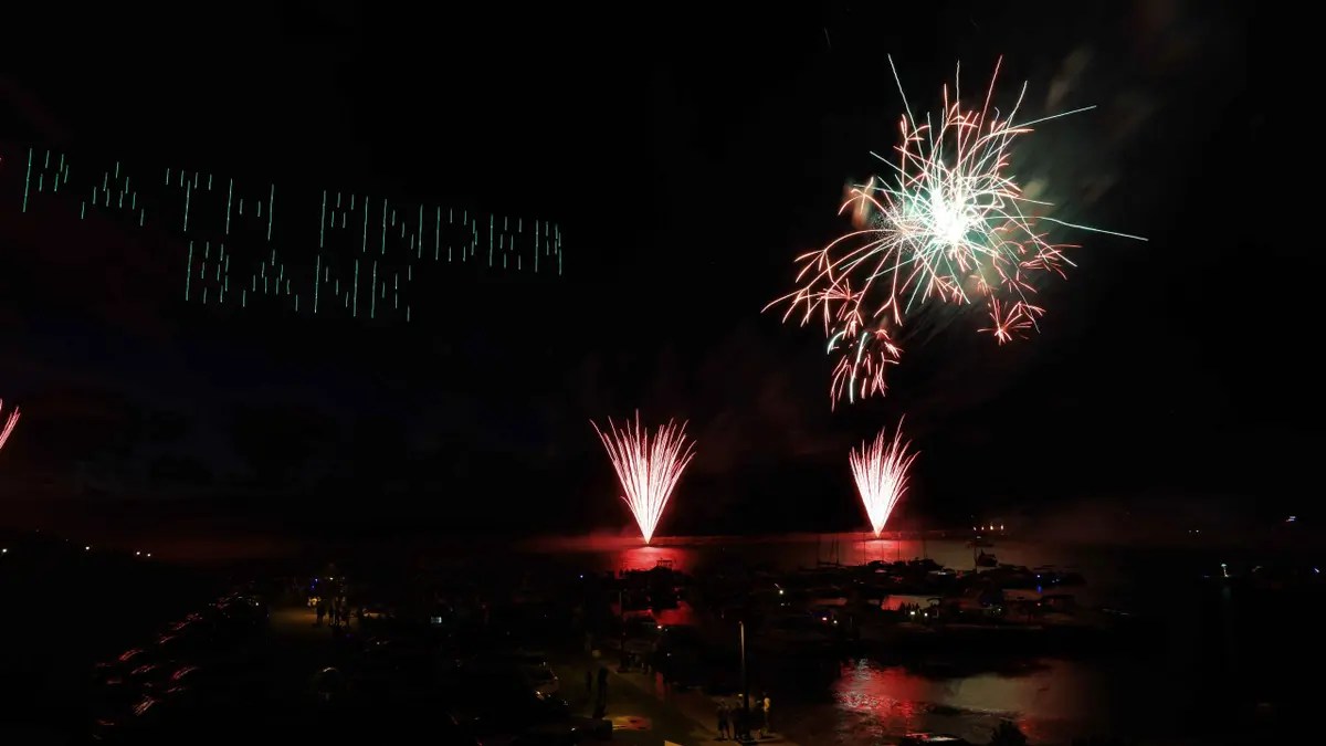 Fireworks are seen at night during Harborfest in Oswego, New York.