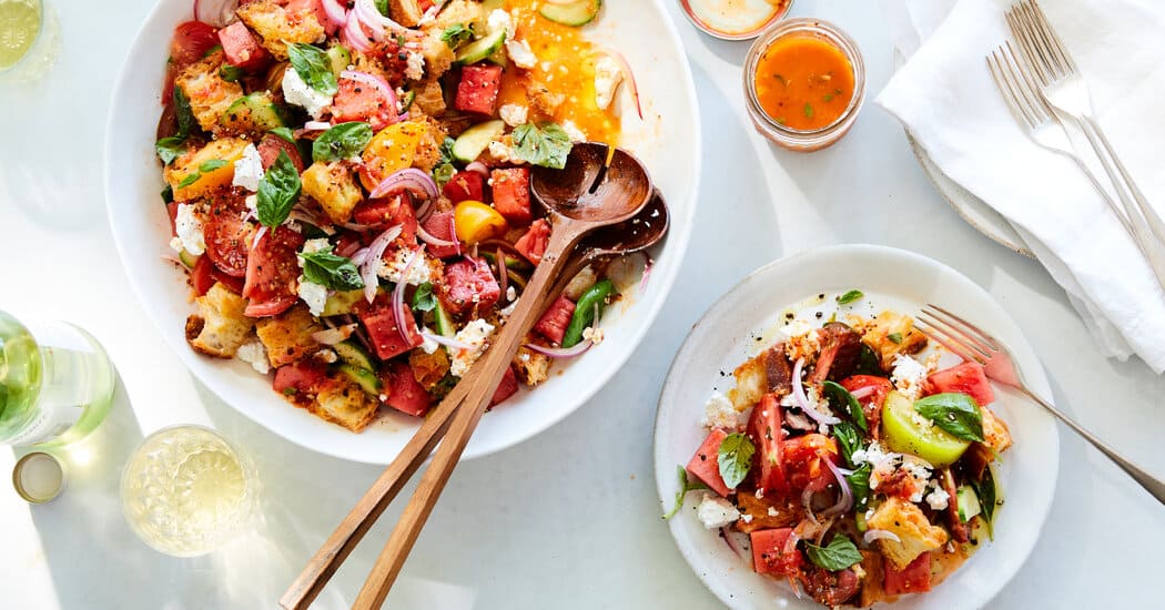 Colorful, Cooling Country Panzanella With Watermelon Dressing